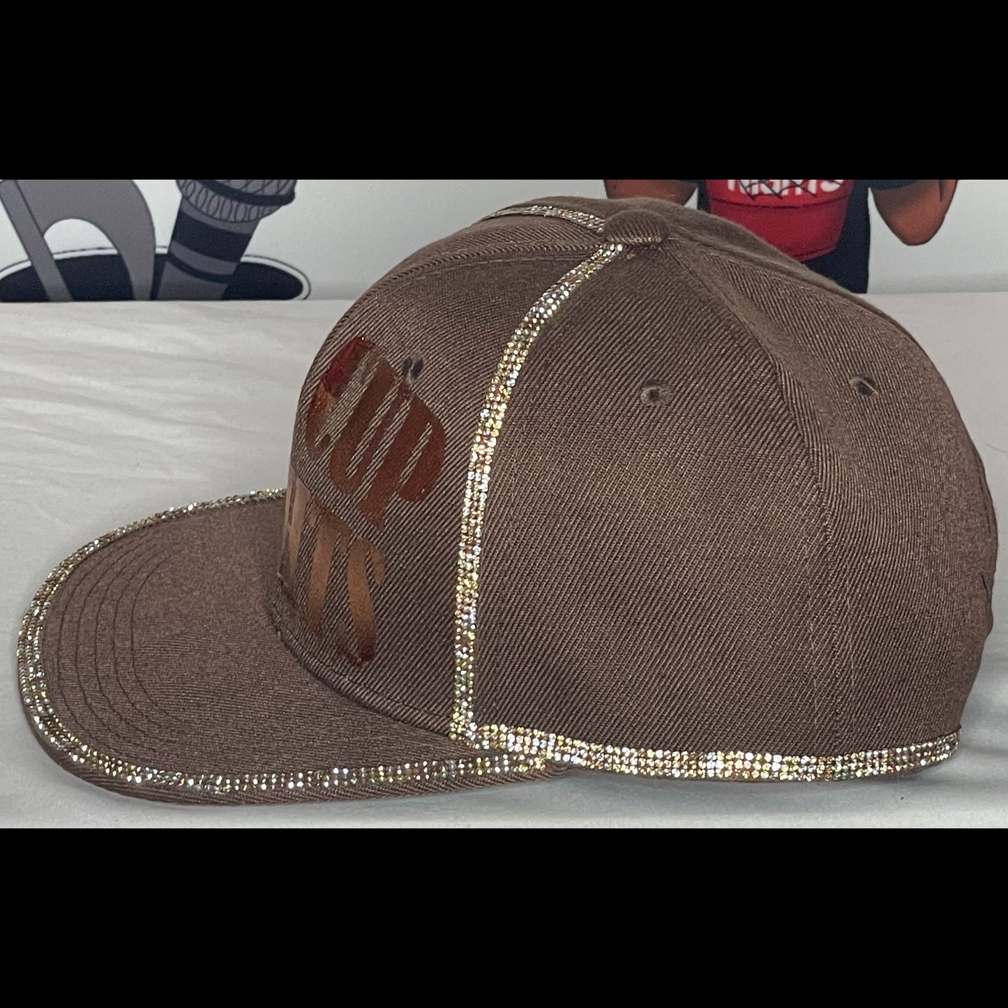 Brown Hat – Shiny Brown Letters – Copper and Gold Rhinestones