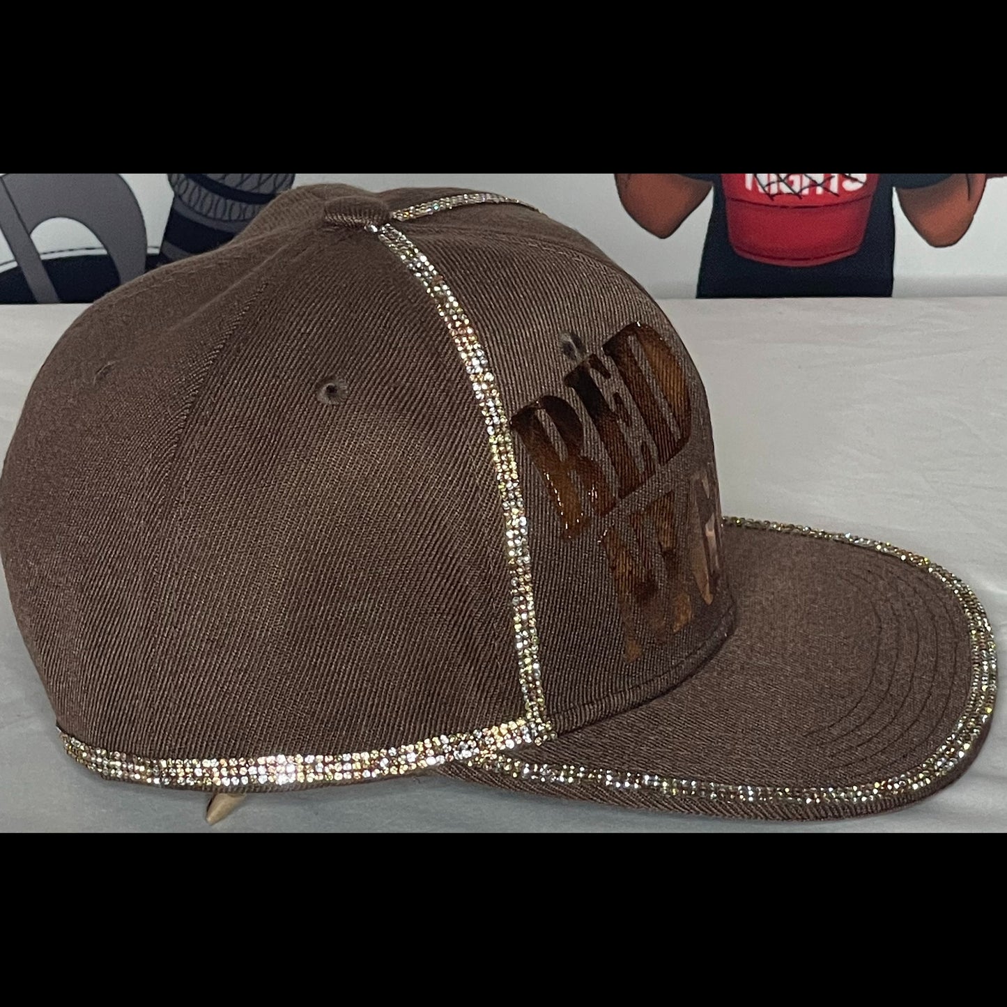 Brown Hat – Shiny Brown Letters – Copper and Gold Rhinestones