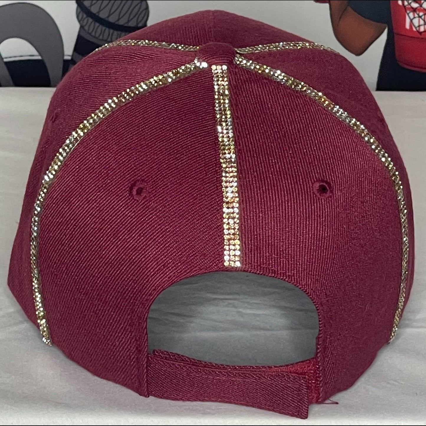 Burgundy Hat – Sparkly Gold Letters – Copper and Gold Rhinestones
