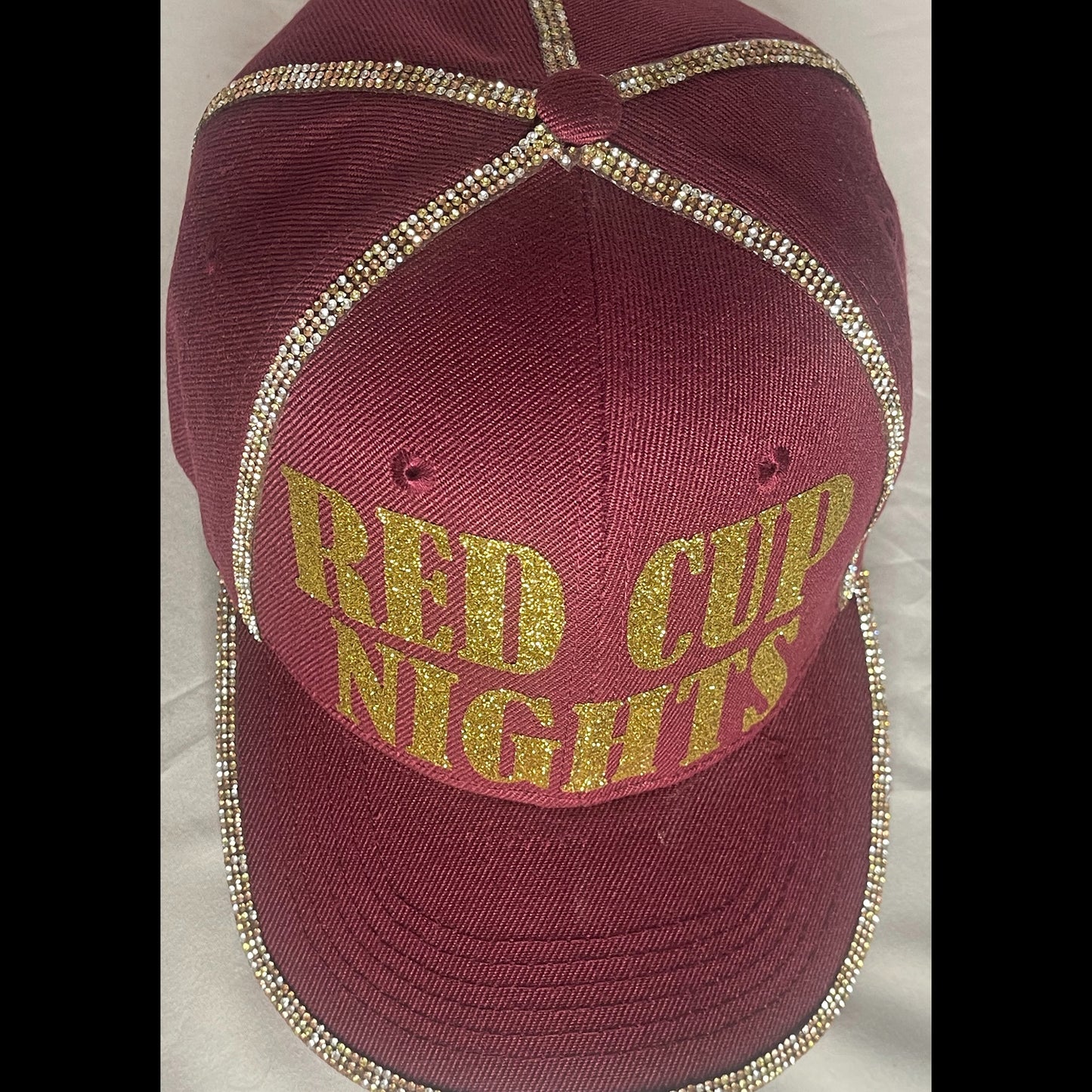 Burgundy Hat – Sparkly Gold Letters – Copper and Gold Rhinestones