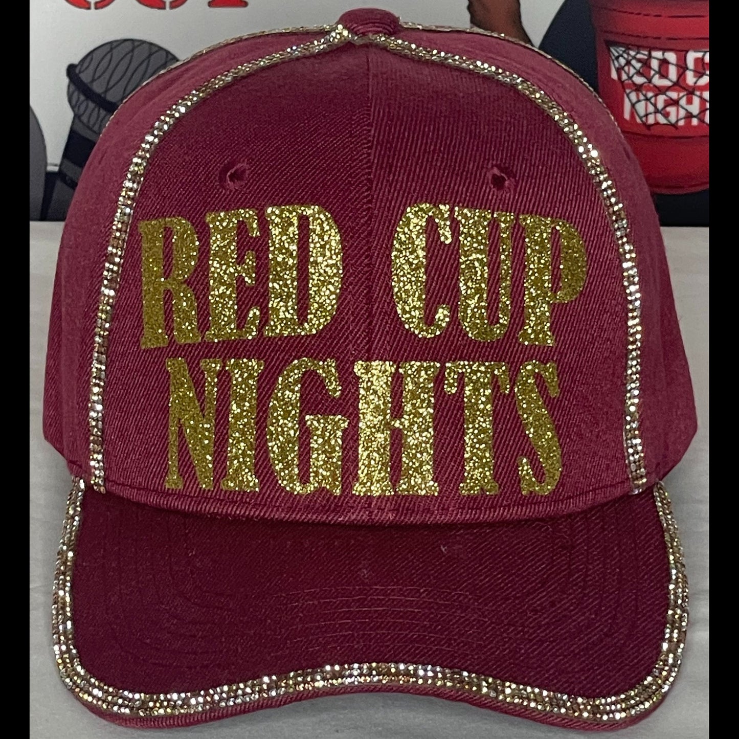 Burgundy Hat – Sparkly Gold Letters – Copper and Gold Rhinestones