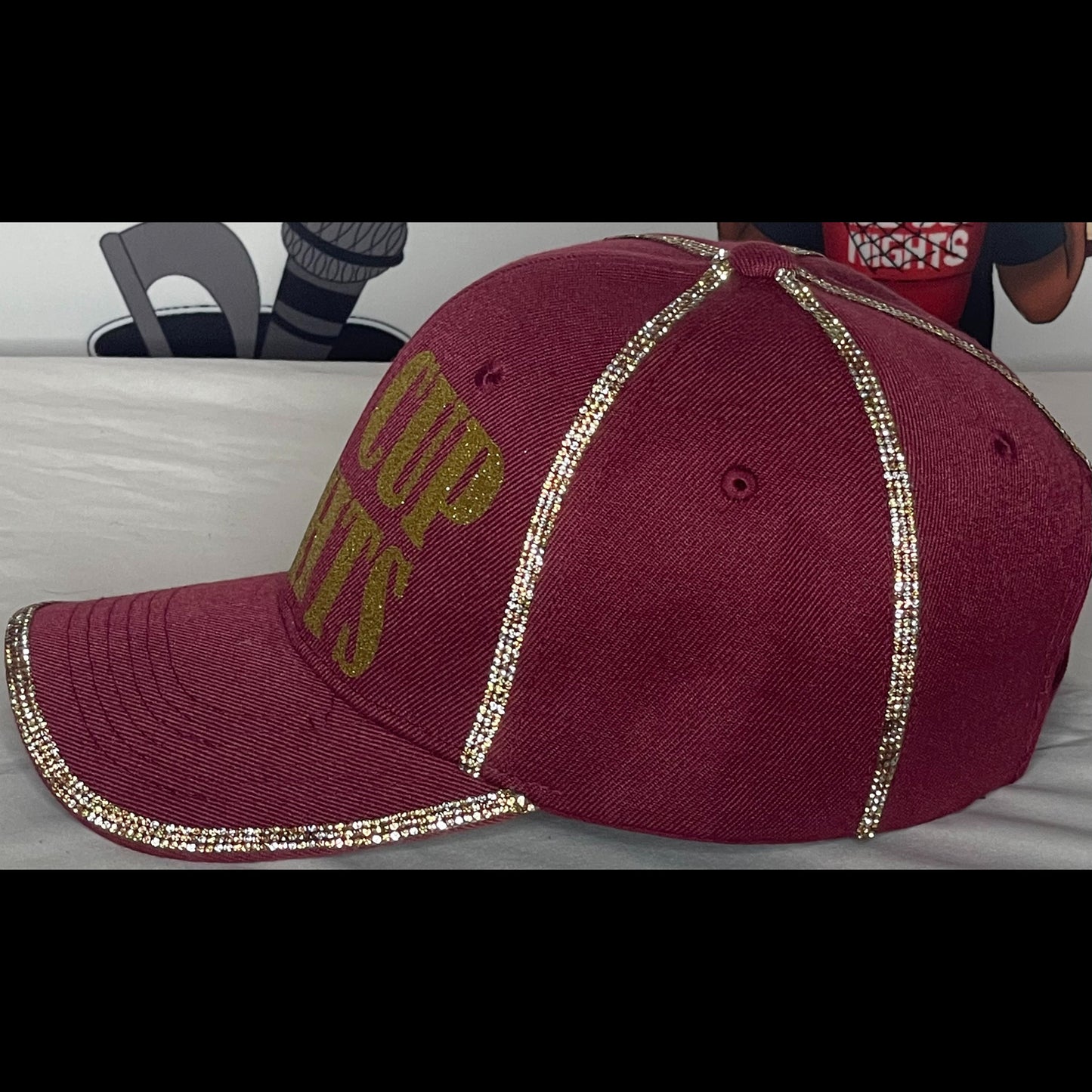 Burgundy Hat – Sparkly Gold Letters – Copper and Gold Rhinestones