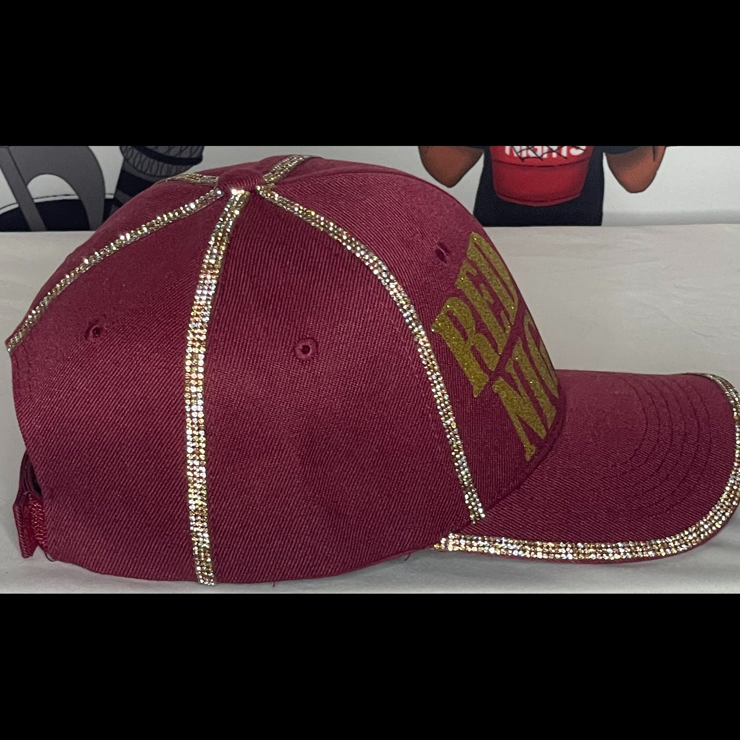 Burgundy Hat – Sparkly Gold Letters – Copper and Gold Rhinestones