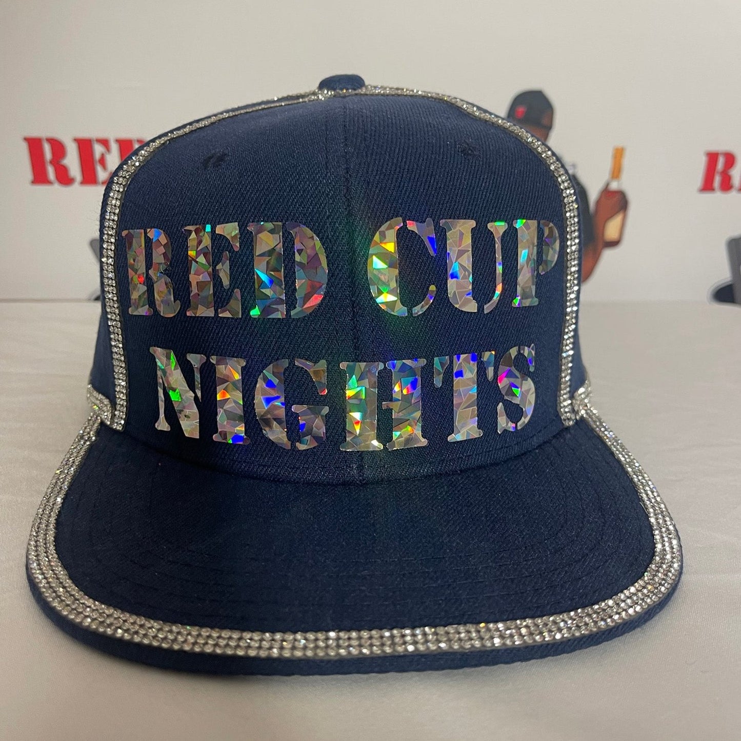 Navy Blue Hat - Shiny Silver Letters - Crystal Diamond Rhinestones