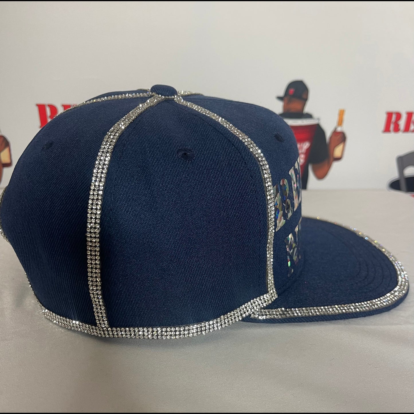 Navy Blue Hat - Shiny Silver Letters - Crystal Diamond Rhinestones