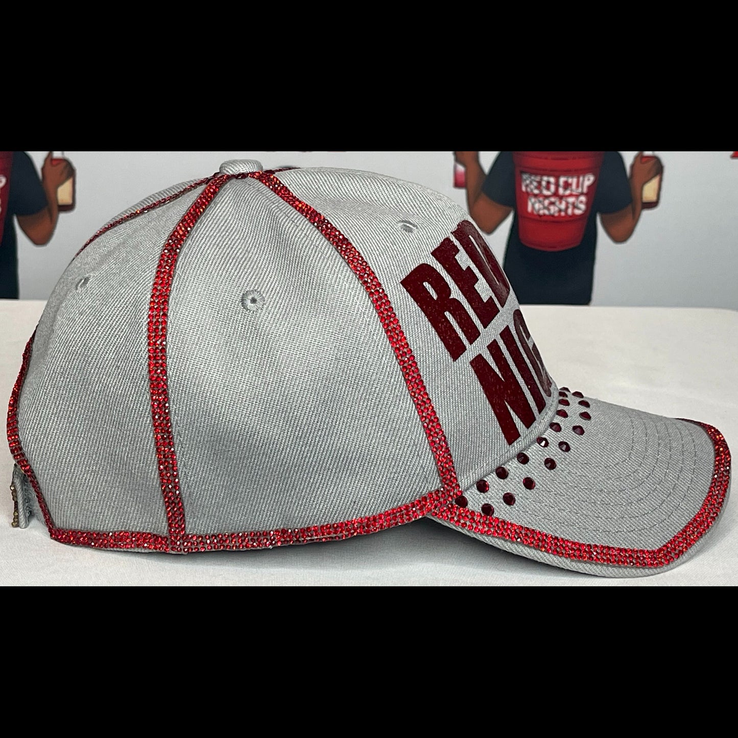 Gray Hat – Sparkly Red Letters – Red Rhinestones