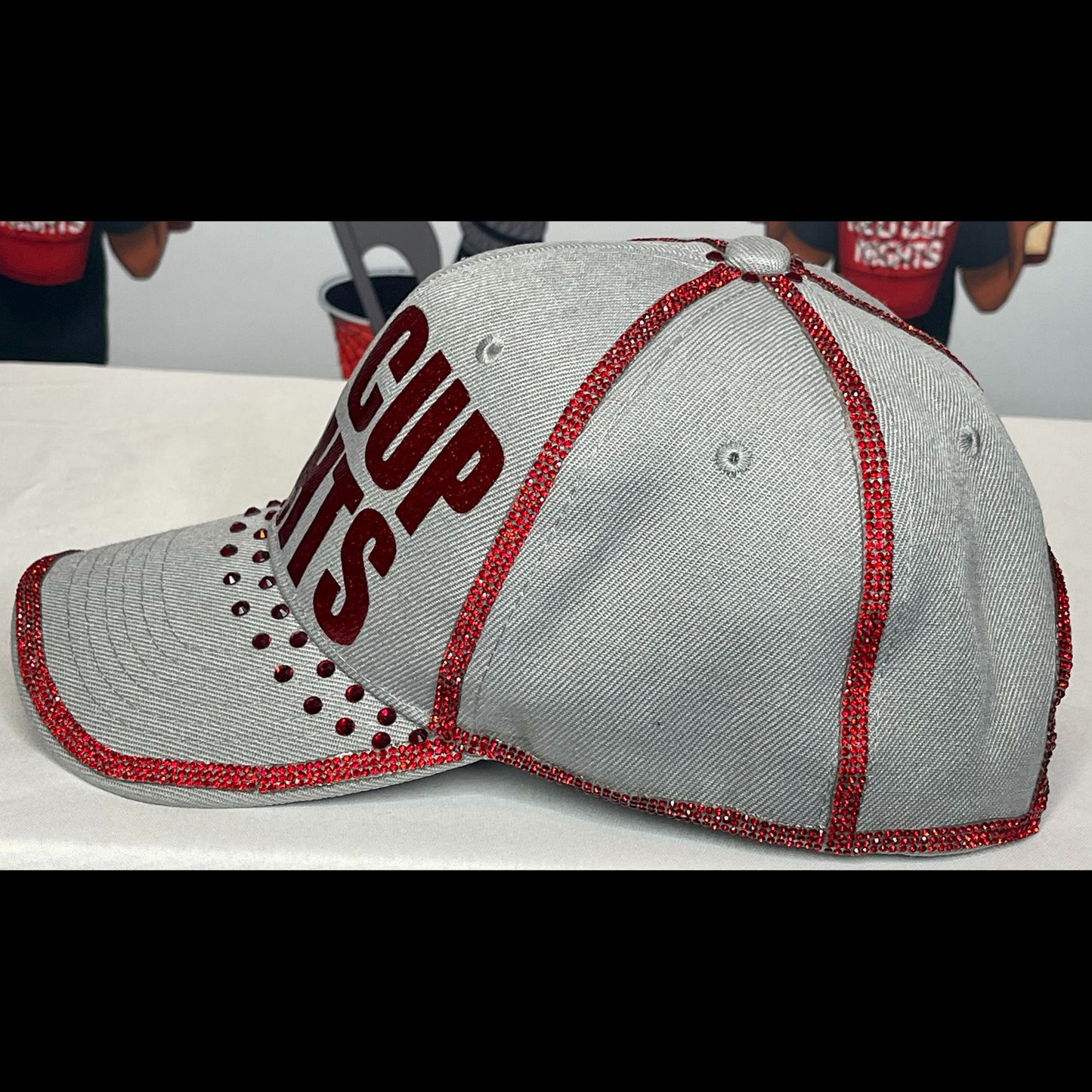 Gray Hat – Sparkly Red Letters – Red Rhinestones