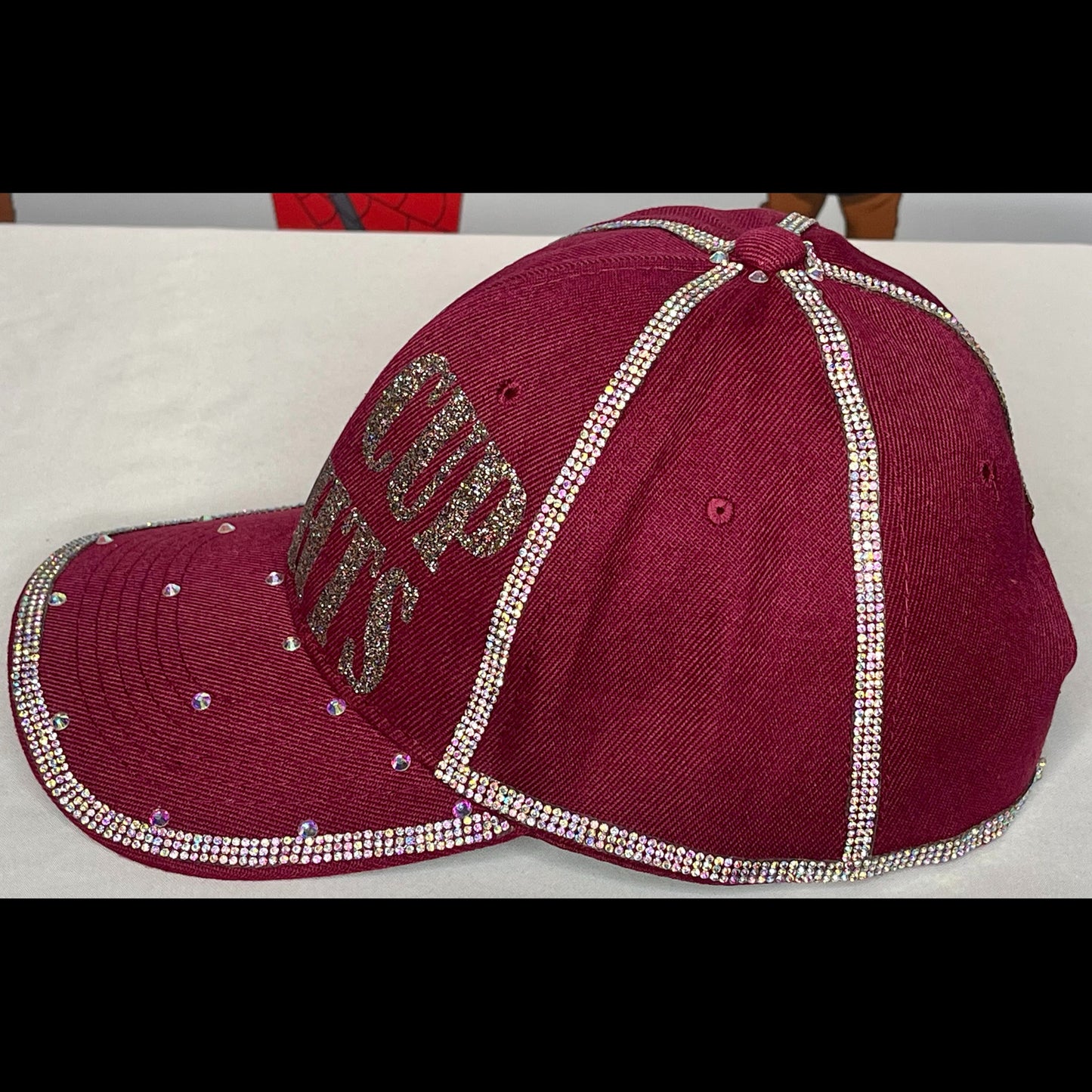Burgundy Hat – Sparkly Copper Gold Letters – Crystal AP Rhinestones
