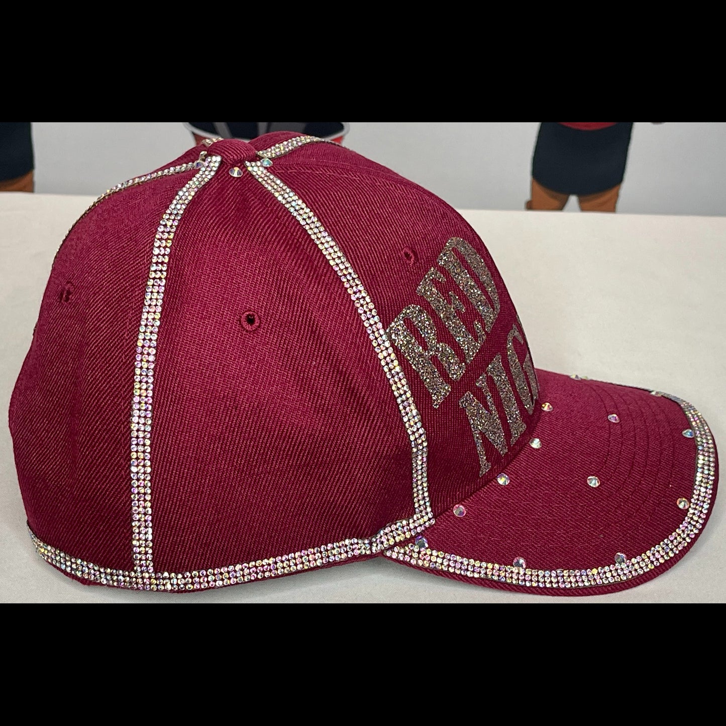 Burgundy Hat – Sparkly Copper Gold Letters – Crystal AP Rhinestones
