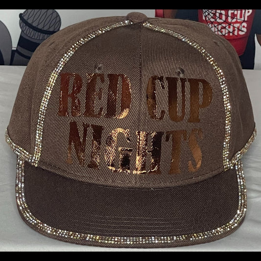 Brown Hat – Shiny Brown Letters – Copper and Gold Rhinestones