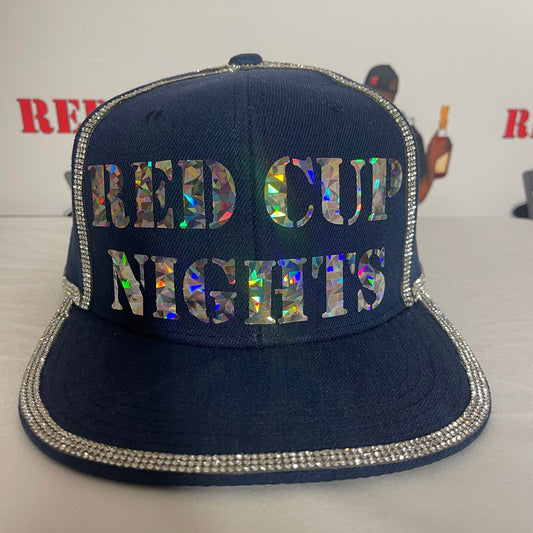 Navy Blue Hat - Shiny Silver Letters - Crystal Diamond Rhinestones