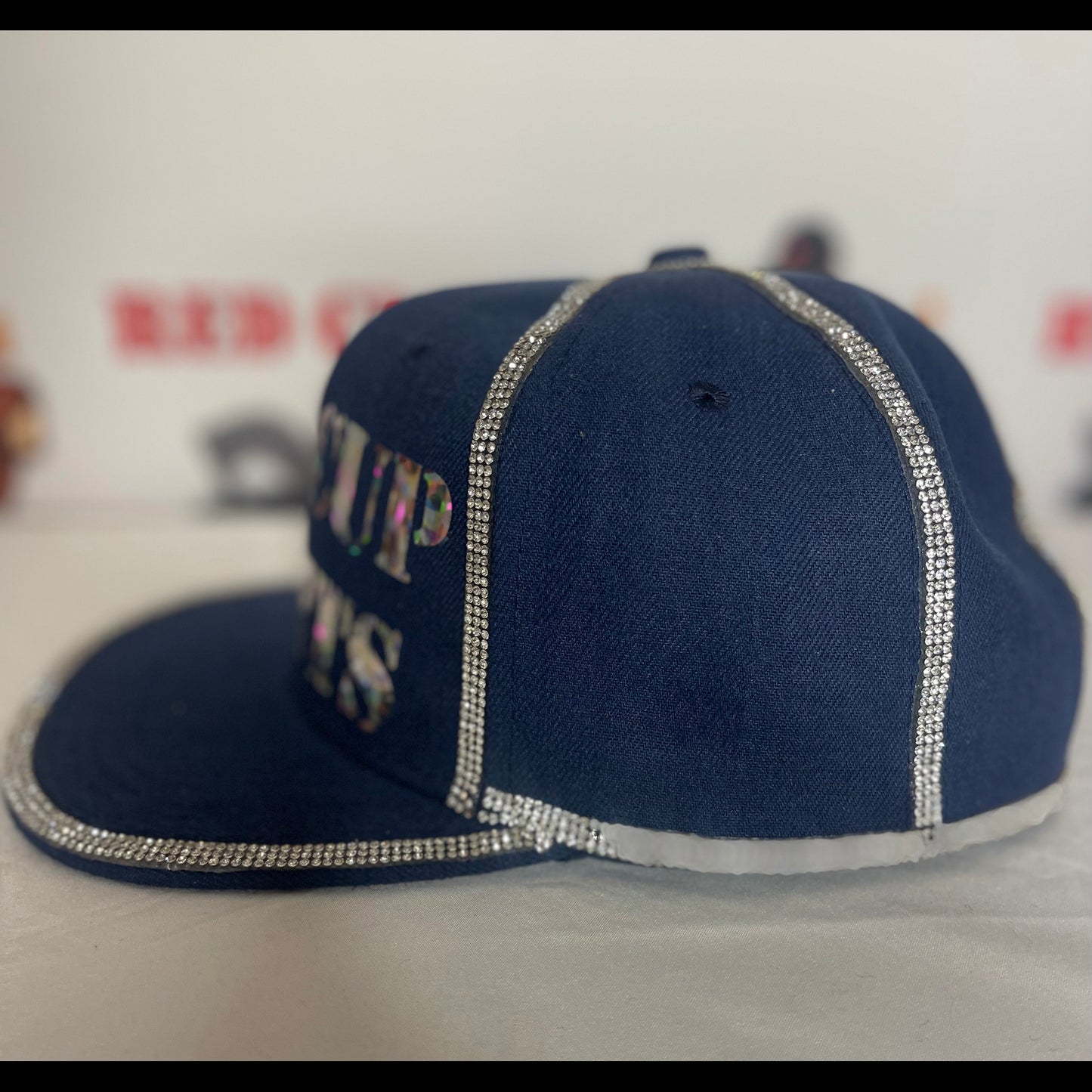 Navy Blue Hat - Shiny Silver Letters - Crystal Diamond Rhinestones