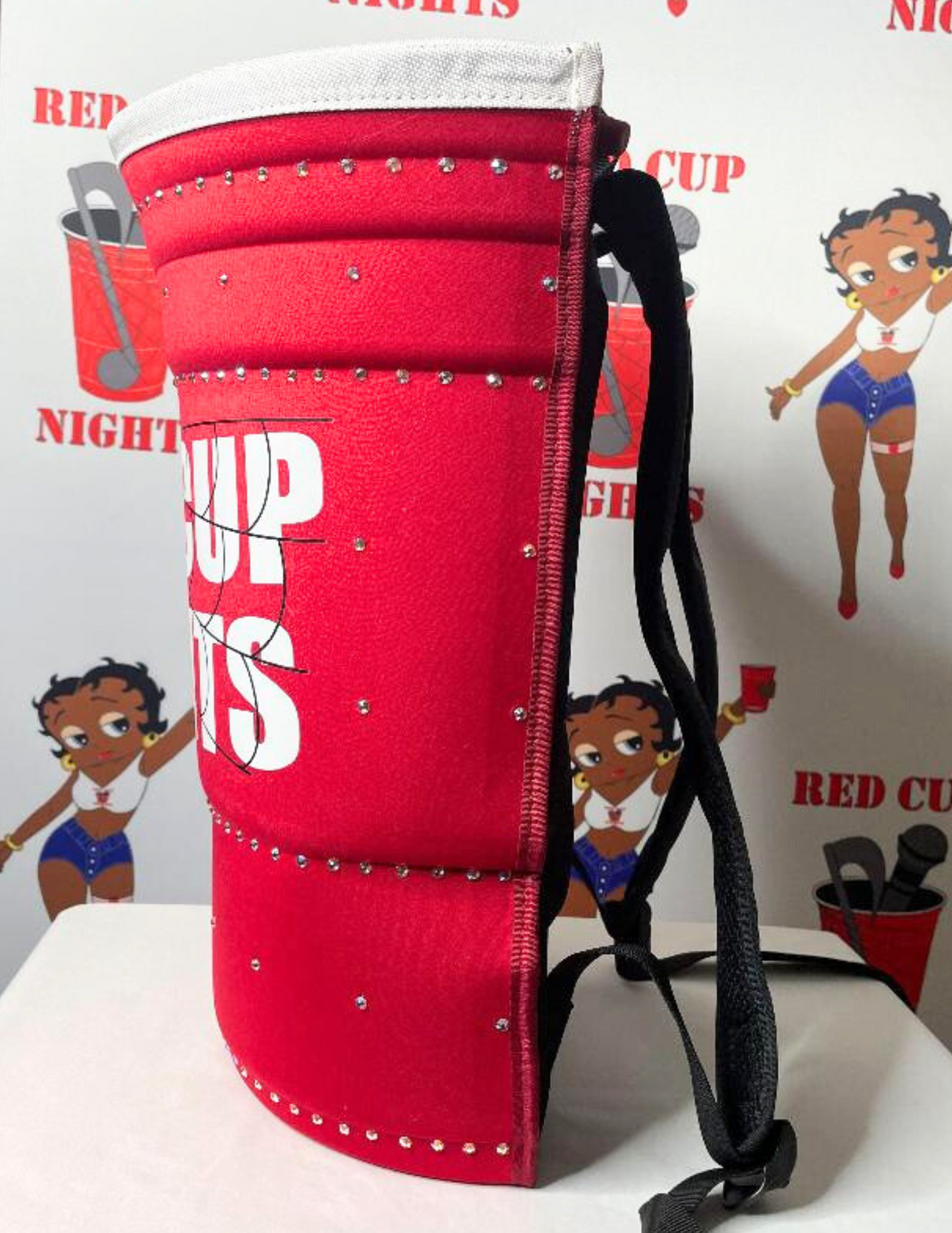 Small Red Cup Backpack Designed with Rhinestones